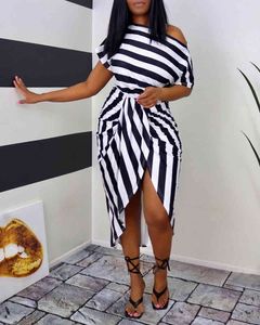 Summer Women Striped Print One Shoulder Wrap Midi Dress Office Lady Outfits Femme Short Sleeve Slit Clothing Vestidos New 210415