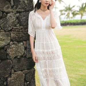 Summer Women Maxi Short Sleeve Ruffle White Lace Long Tunic Beach Dress 210415