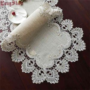 Longshow Elegant Vintage Broderad Lace Trim Dining Linne TV Stativ Sängkläder Canibet Cover Table Runner 210709