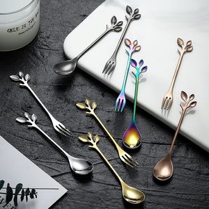 Stainless Steel Stirring Spoon Creative Coffee Stirring Spoon Leaf Spoons Iced Tea Spoons Fork Wedding Gift 10 Colors Gifts Tableware GYL92