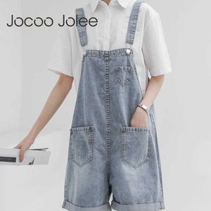 Jocoo Jolee Women Summer Korea Breastplates Lossa hög midja Pocket Cowboy Rompers Playsuits Preppy Style Crimping Straight 210619