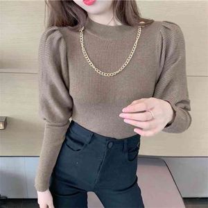 Höst vinter söt tröja mode kedja puff ärm stickning pullover kvinnor koreanska eleganta streetwear jumper pull femme toppar 210514