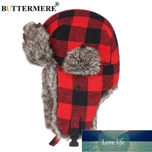 BUTTERMERE Winter Hats For Mens Bomber Hat Fur Red Warm Earflap Cap Windproof Women Thicker Plaid Russian Ushanka Hat Black Blue Factory price expert design Quality