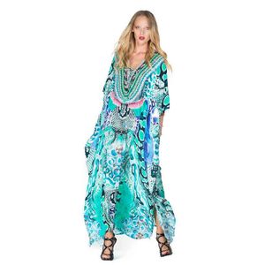 Casual bikini cover-ups blå tunika boho tryckt sommar strand klänning eleganta kvinnor plus storlek bär baddräkt täcker upp Q1098 210420