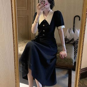 French Patchwork Slim Midi Dres Solid Sweet Peter Pan Collar Chiffon Female Summer Casual Party Korean Clothes 210604