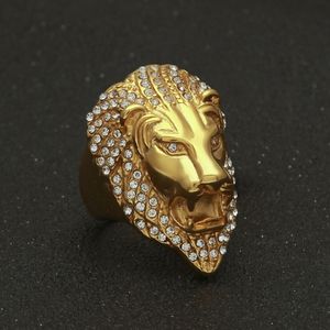 Mens Hip Hop Gold Ring smycken högkvalitativ rostfritt stål isade ut lejonringar för män