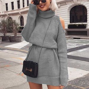 Höst Vinter Turtleneck Off Shoulder Stickad Sweater Klänning Kvinnor Solid Slim Plus Storlek Lång Pullovers Stickning Jumper 210527