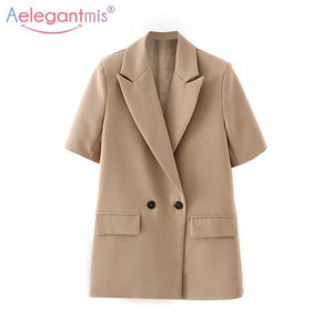AELEGANTMISオフィスの女性半袖ブレザー女性の高品質ポケットSジャケット女性ルーズカーキコート韓国のシック210607