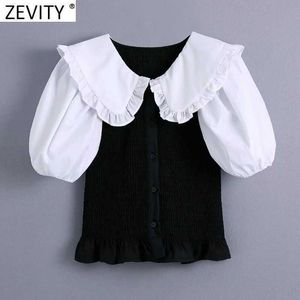 Zevity Women Sweet White Peter Pan Collar Patchwork Black Slim Short Blouse Female Puff Sleeve Shirt Chic Blusas Tops LS9385 210603