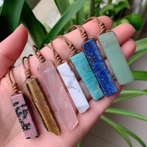 Natural Stone Pendant Raw Mineral Irregular Rectangle Quartz Pendulum Amazonite Tiger Eye Lapsi Pink Crystal Necklaces