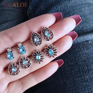 Stud Kcaloe Blue Crystal Earrings Set Vintage Antique Silver Zirconia for Women Accessories Bijoux Brincos Pendientes