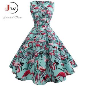 Letnia Sukienka Kobiety 50. 60. Rockabilly Vintage A-Line Party Sukienki z pasem Szata Femme Casual Plus Size Sundress 210331