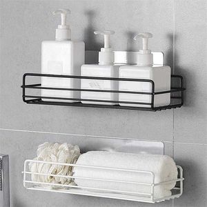 Bathroom Iron Storage Shelves Wall-mounted Punch Free Shower Shelf Black White Suction Basket Racks 211112