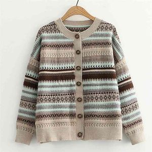 Högkvalitativ Fall Vinter Koreanska Kvinnor Cardigan Coat Loose Vintage Jacquard Tjock Varm Stickad Sweater Striped Knappar Pull Femme 210514
