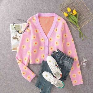 Foridol floral knitted cropped sweater cardigan v neck vintage button cute short cardigan autumn winter pink cardigan 210415