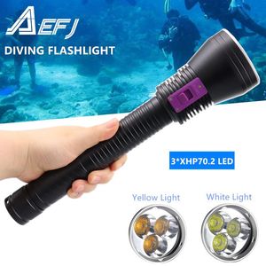 Flashlights Torches 8000lm Diving 3*XHP70.2 LED White/Yellow Light Dive Torch Underwater 100M Submersible Lamp Power Use 3*26650