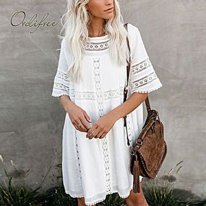 Lato Kobiety Biała Koronkowa Plaża Z Krótkim Rękawem Loose Casual Shift Dress 210415