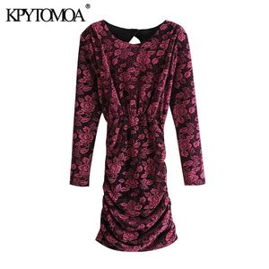 Kvinnor Chic Fashion Floral Pattern Pläterad Velvet Mini Dress Vintage Långärmad Baklösa Kvinna Klänningar Vestidos 210416