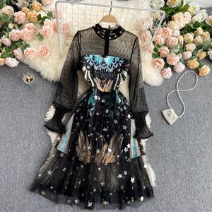 Singreiny Design Stars Mesh Sukienka Kobiety Retro Splice Z Długim Rękawem Dresses Dresses Spring Koreański Elegancki Print Party Midi Dress 210419