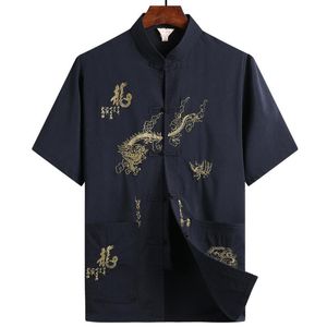 Herr t-shirts kinesisk stil män traditionella tang toppar broderi drake tryck blus fast färg plus size coat hanfu