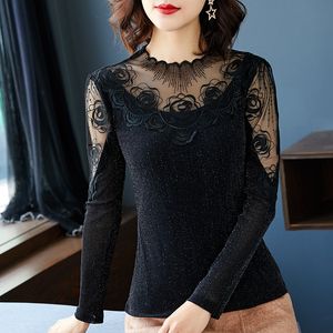 デザインスプリング女性ブラウスメッシュ刺繍レースTシャツ女性ホローステッチブラウス長いスリーブトップスプラスサイズ5xlブルサXL