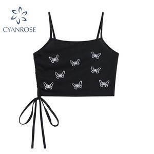 Womens Butterfly Print Y2K Black Camisole Sexig Vintage Streetwear Lace-Up Clubwear Spaghetti Strap Toppar Ärmlös Chic Camis 210417