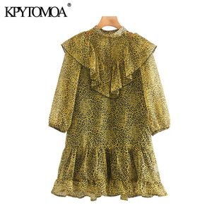 Kvinnor Chic Fashion Leopard Skriv ut Ruffled Mini Dress Vintage Half Sleeve Animal Mönster Kvinna Klänningar Vestidos 210416