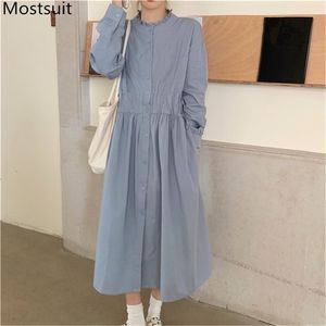 Blue Single-breasted Shirt Dress Women Full Sleeve O-neck Loose Solid Midi-length Dresses Casual Fashion Female Korean Vestidos 210513