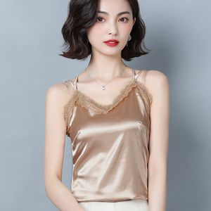 Korean Silk women tops Summer woman satin Camisole Top plus size lace V neck tees sexy halter top OL sleeveless camis 210427