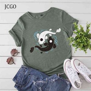 JCGO 패션 여름 티셔츠 여성 100 % 코튼 물고기 인쇄 플러스 사이즈 S-5XL TShirts O 넥 짧은 소매 빈티지 캐주얼 티 탑 210401
