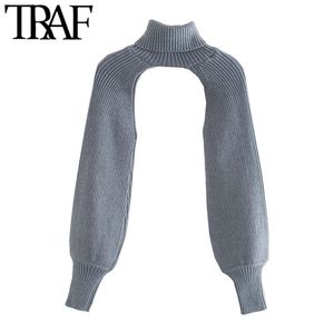 TRAF Women Fashion Arm Warmers Gebreide Sweater Vintage Turtleneck Lange Mouw Vrouwelijke Pullovers Chic Tops 210922