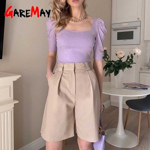 Plus Size Letnie Długie Szorty Dla Kobiet Z Wysoką Talią Dorywczo Różowy Loose Khaki Khaki Długość Damska Szeroki Nogi Szorty z kieszeniami 210611