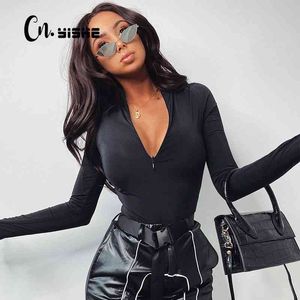 CNYISHE Overalls Zipper Long Sleeve Bodycon Bodysuit For Woman Pure Winter Rompers Women Jumpsuits Sexy Body Female Black Tops 210401