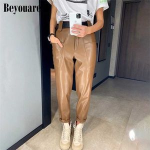 Beyouare Faux Läderbyxor Vintage Casual PU Kvinnor Hög midja Stora Fickor Straight Pant Höst Elegant Lady Pant Capri 211216