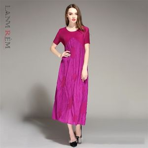 Kobiety Plised Rose Różowy średnia Długa Dress Round Neck Krótki Rękaw Loose Fit Fashion Summer Arrivals 2E1584 210526