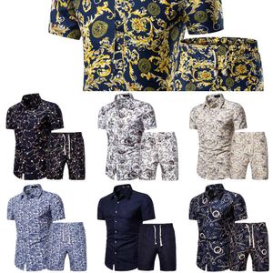 Mönster Tracksuit Män Sommar Beachwear Men's Set Mens Notched T-shirts + Shorts Två Piece Set Floral Beach Swaet Suit 5XL 2021 x0610