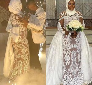 2022白プラスサイズのアフリカのナイジェリア人魚のウェディングドレスは取り外し可能なレースアップリケ長袖ヌードライニングイスラム教徒のブライダルドレスローブ