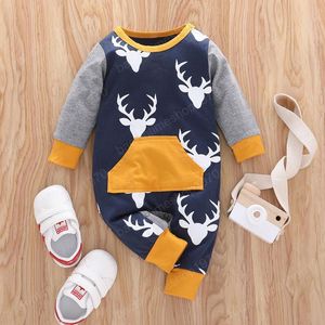 Baby-Jungen-Overall, Geweih-Druck mit Tasche, Herbst 2021, Kinder-Boutique-Kleidung, 0–2 Jahre, Kleinkinder, Baumwolle, langärmelig