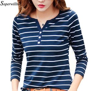 Kvinnor T-shirt Bomull Kort Långärmad Lady T Shirt Striped Summer Spring Höst Kvinna Blusa Vit Plus Storlek Mode Top Tee T0 x0628