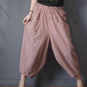 Summer Arts Style Women Elastic Waist Plaid Cotton Linen Lino Harem Pantaloni All-abbinata Caviglia Casual-Lunghezza M184 210512