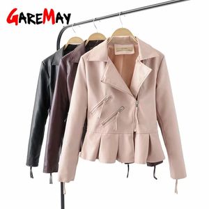 Kvinnor höst dragkedja Casual PU Läder Soft Solid Motorcykel Jacka Coat Fashion Streetwear Lady Faux Outwear 210428