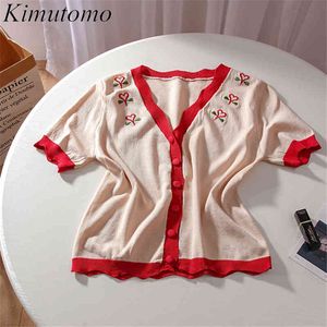 Kimutomo с коротким рукавом трикотаж кардиган тонкий женский летний корейский V-образным вырезом вышивка погружной Slim Wild Top Retro 210521