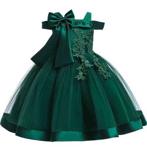 En axel Big Bow Flower Baby Girls Dress Clothing Silk Tutu Party Evening Elegant Girls Princess Dress Kids Vestidos G1129