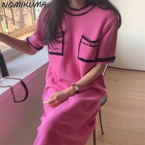 Kushaiki Korean Hit Färg Patchwork Sticka Klänningar Sommar Kortärmad O-Neck Causal Dress Kvinnor Sweater Vestidos 6J690 210603