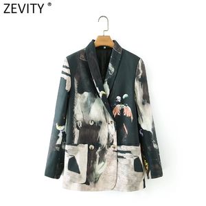 Women Vintage Tie Dyed Printing Back Striped Patchwork Fitting Blazer Coat Office Ladies Double Breasted Chic Tops CT671 210420