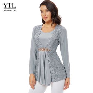 YTL Senhoras Diamante Diamante Diamante Decoração Slim Túnica Tops Casual Party Manga Longa Mulheres Elegante Laço Floral Blusa Camisa H025G 210721