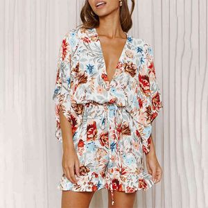 Sexy V-Pescoço Floral Print Playsuits Primavera Verão Mulheres Casual Manga Curta Lace Up Button Beach Boho Jumpsuit Macacão 210416