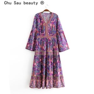 Chu Sau beauty Boho Floral Print Maxi Dress Women Holiday Chic V-neck Long Sleeve Loose Dresses Female Vestido De Moda 210508