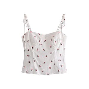 Evfer Vintage French Style Floral Print Cute Ladies Short Sling Tops Sweet Girls Elasic Waist Backless Rose White Camis Chic 210421