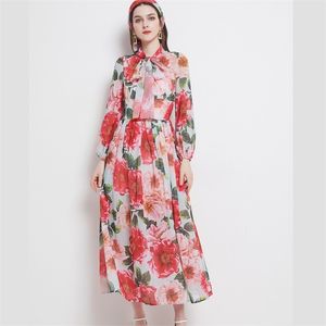 Spring Chiffong Dress Kvinnors Lantern Sleeve Bowtie Collar High Waist Floral Tryckta Böhmen Pläterad Mixi 210519